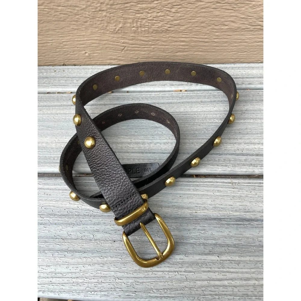 Free People Womens M/L Cow Leather Black Chunky Brass Studded Belt 1.5